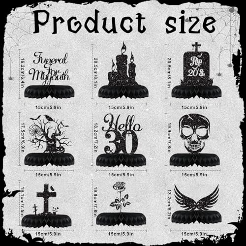 Koeilay 9 Pcs Death to My 20s Decorations 30th Birthday Decorations Rip to My 20s Honeycomb Centerpiece Gothic Table Decor Glitter Funeral for My Youth Halloween Black Birthday Party Supplies for Men Women - Image 4