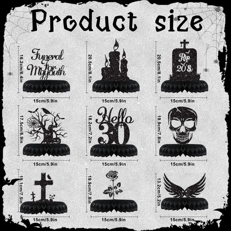 Koeilay 9 Pcs Death to My 20s Decorations 30th Birthday Decorations Rip to My 20s Honeycomb Centerpiece Gothic Table Decor Glitter Funeral for My Youth Halloween Black Birthday Party Supplies for Men Women - Image 5