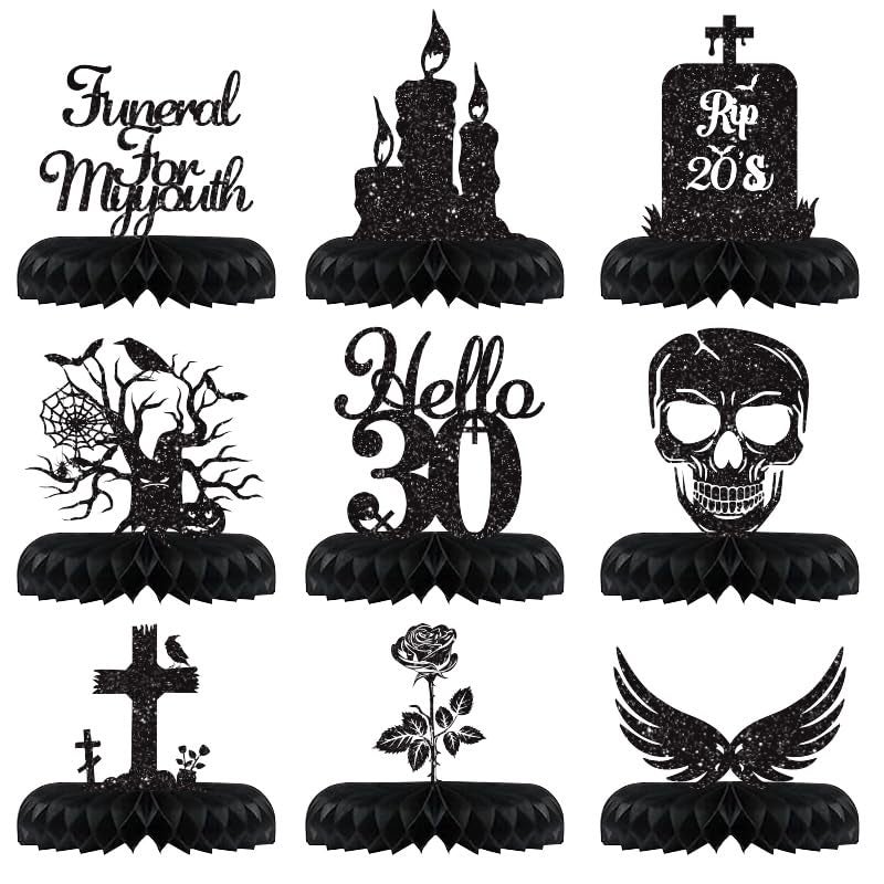 Koeilay 9 Pcs Death to My 20s Decorations 30th Birthday Decorations Rip to My 20s Honeycomb Centerpiece Gothic Table Decor Glitter Funeral for My Youth Halloween Black Birthday Party Supplies for Men Women - Image 1