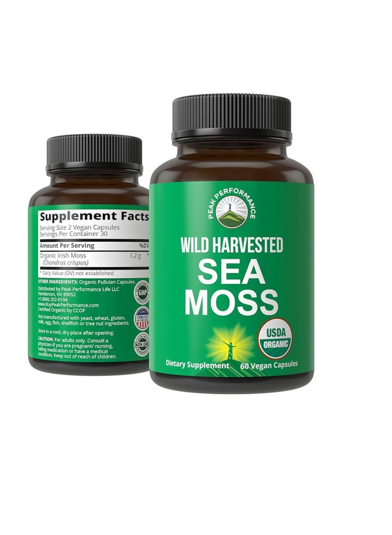 Peak Performance Wild Harvested Sea Moss for Gut, Respiratory, Immune Support 60 Capsules 30 Serving