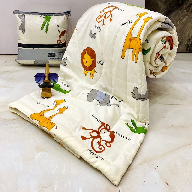 Sky Tex Cream Color Animals Printed 250 TC Glace Cotton 3D Printed Single Bed Comforter