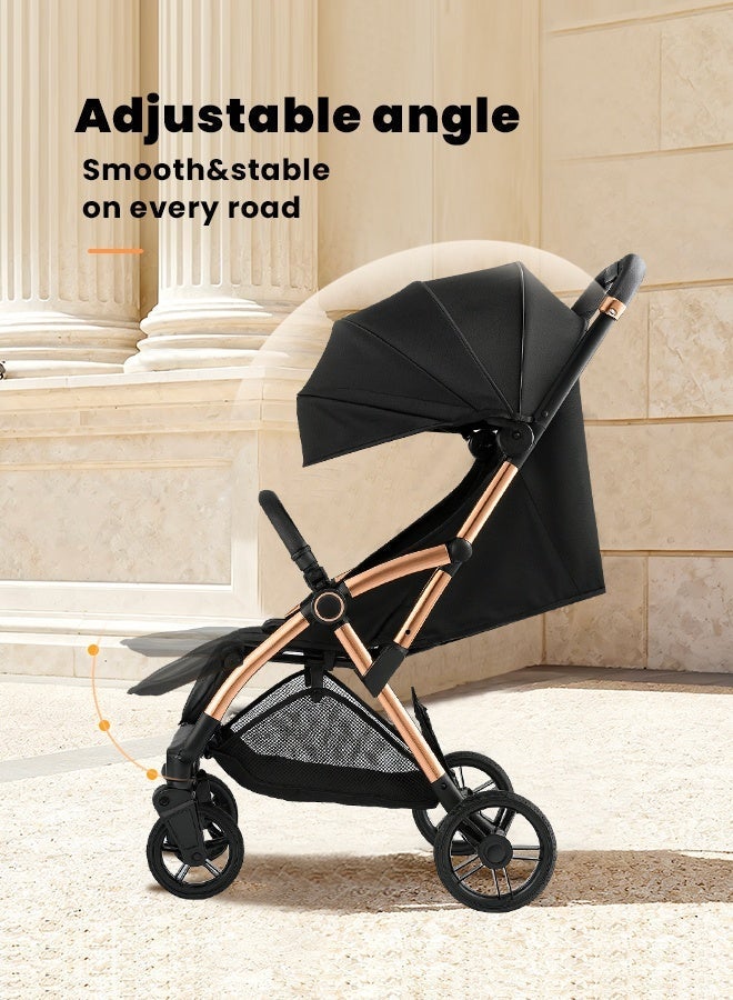 hibobi Foldable Baby Stroller with One-Hand Gravity Fold, Aluminum Frame, All-Wheel Suspension, Ventilated Canopy, 5-Point Harness and Large Storage Basket, Black - Image 5