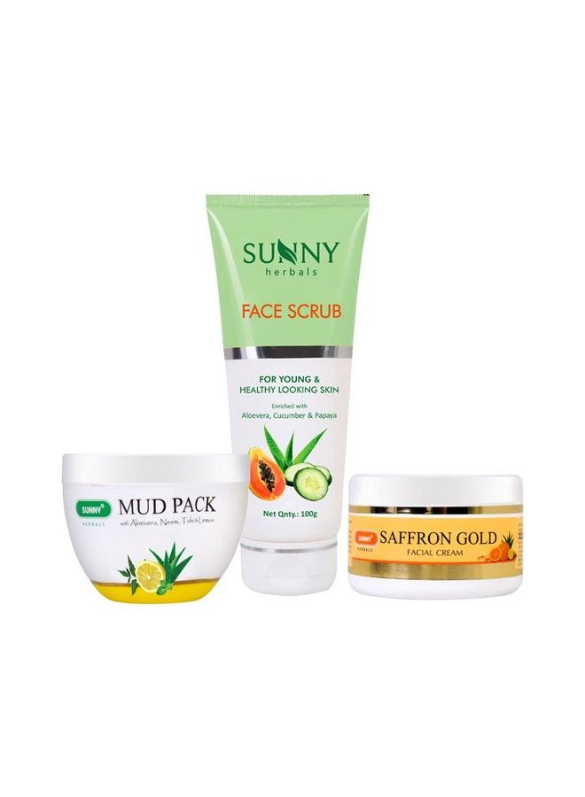 Sunny Face Scrub(100Gm) Saffron Facial Cream(100Gm) & Mud Pack(150Gm) ; Removes Embedded Dirt From Pores & Exfoliates Dead Skin ; Instantly Revitalizes Dull Skin; Keeps Skin Smooth & Radiant - Image 1