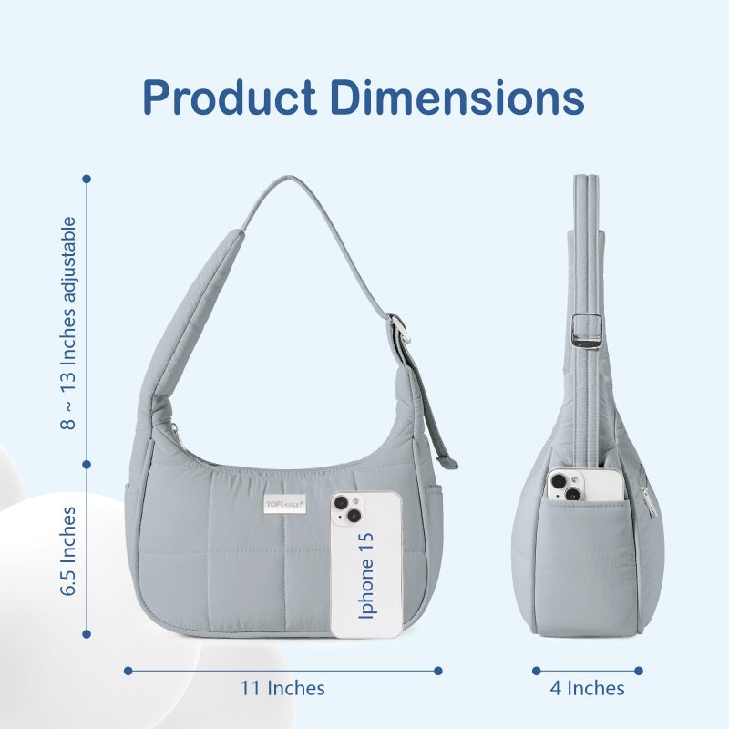 TOPDesign Quilted Puffer Shoulder Bag for Women, Trendy Lightweight Hobo Crescent Bag with Adjustable Strap (Light Grey) - Image 5