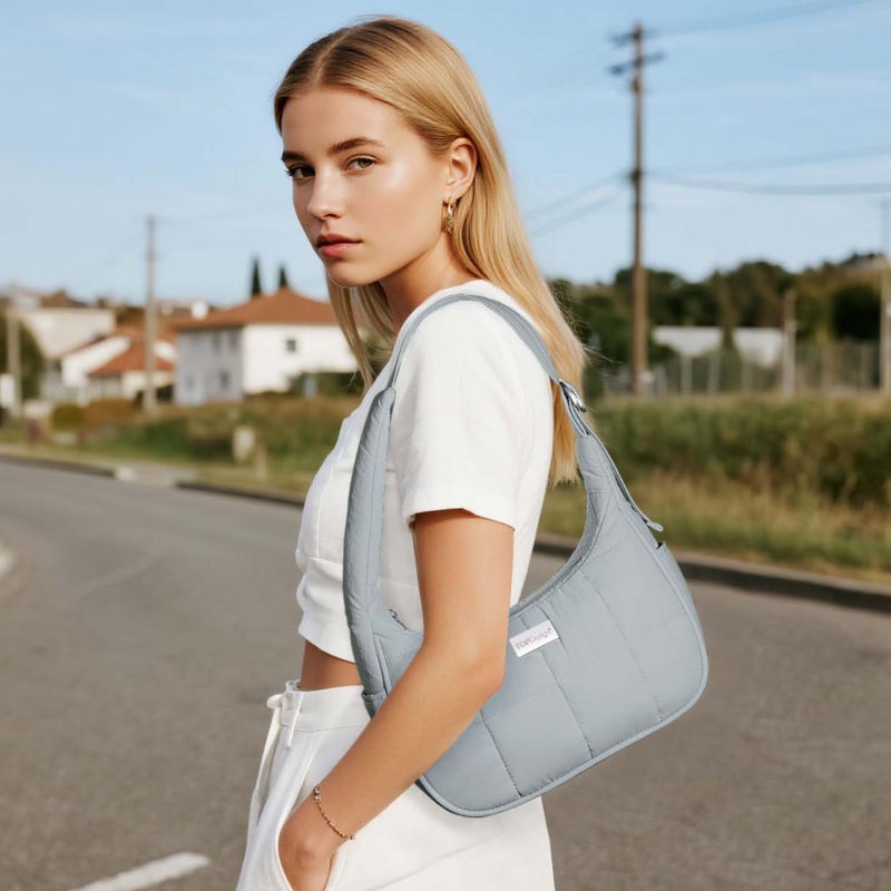 TOPDesign Quilted Puffer Shoulder Bag for Women, Trendy Lightweight Hobo Crescent Bag with Adjustable Strap (Light Grey) - Image 2