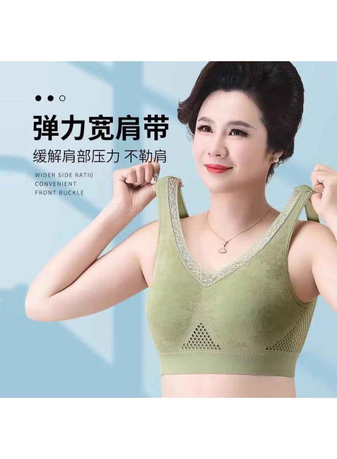 Bejirog Mom's Underwear Middle-aged And Elderly Vest-style Bra Thin Wireless High-elasticity Side Support Push-up Brassiere Green 3XL