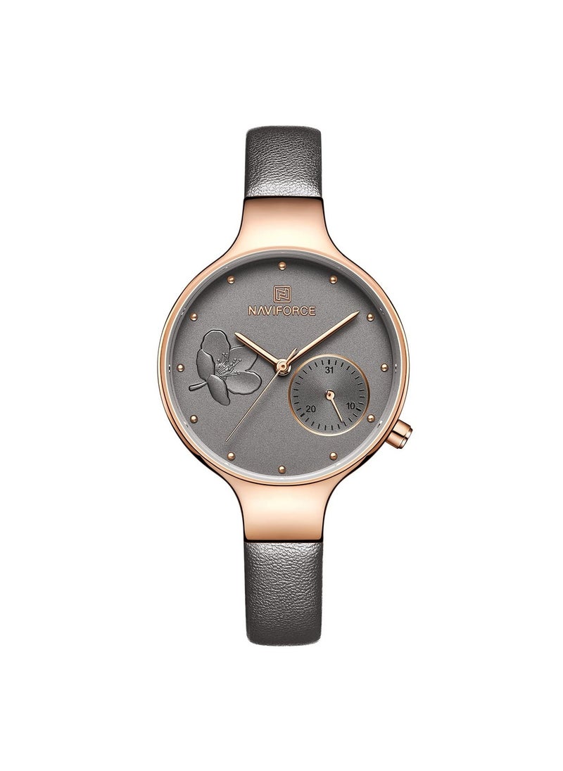 NAVIFORCE Elegant Women's Quartz Watch Stylish Round Dial with Floral Embossed Design Sub-Dial Display Leather Strap Fashionable Timepiece for Everyday Wear and Special Occasions  - Image 1