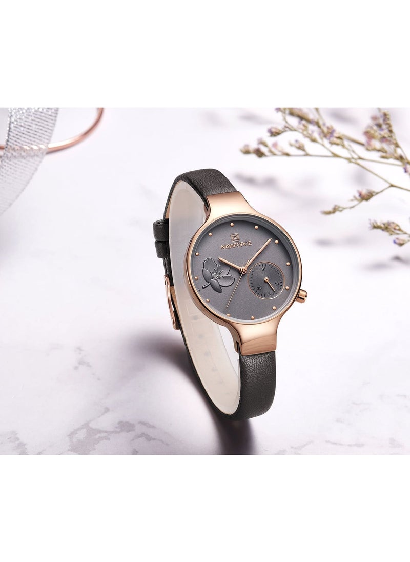 NAVIFORCE Elegant Women's Quartz Watch Stylish Round Dial with Floral Embossed Design Sub-Dial Display Leather Strap Fashionable Timepiece for Everyday Wear and Special Occasions  - Image 4