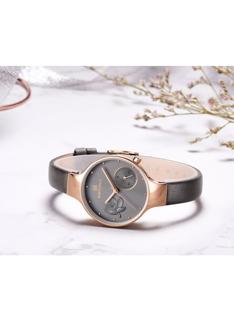 NAVIFORCE Elegant Women's Quartz Watch Stylish Round Dial with Floral Embossed Design Sub-Dial Display Leather Strap Fashionable Timepiece for Everyday Wear and Special Occasions  - Image 5