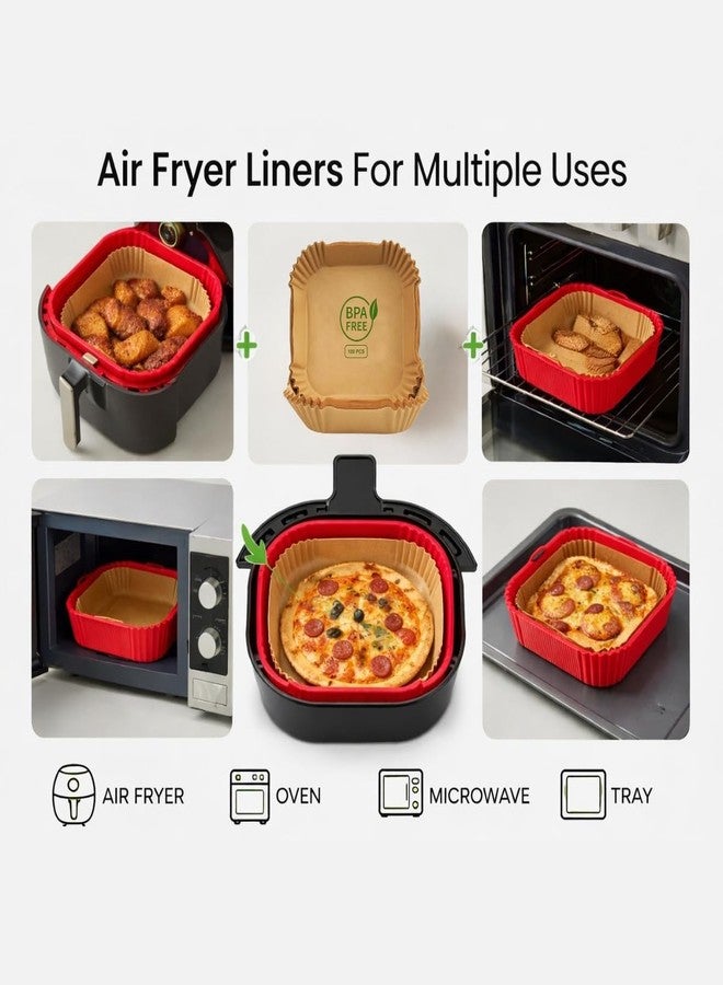Evadely Air Fryer Paper Sheets 100 PCS 8 Inch – Disposable Air Fryer Liners, Parchment Paper, Butter Paper for AirFryer, Airfryer Paper Sheets (1 Oil Bottle + Square 100 Pcs + 2 Silicone) - Image 4