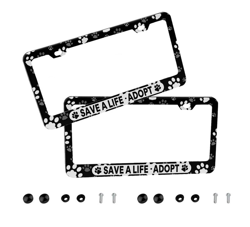 DZGlobal 2 Pack License Plate Frame Printed Car Tag Frames Back and Front License Plate Frame (Save A Life Adopt 2PC) - Image 1