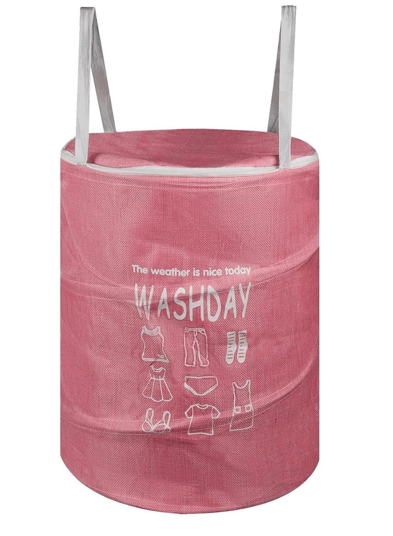 بلان A سلة غسيل قماشية دائرية بسعة 45 لتر، سلة تخزين مرنة وقابلة للطي ومقاومة للماء، ومزودة بغطاء بسحاب بلاستيكي مقاوم للصدأ، مثالية لتخزين الملابس والالعاب وتنظيم المساحة (وردى) - Image 1
