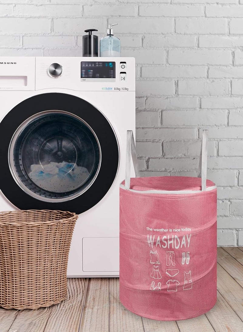 بلان A سلة غسيل قماشية دائرية بسعة 45 لتر، سلة تخزين مرنة وقابلة للطي ومقاومة للماء، ومزودة بغطاء بسحاب بلاستيكي مقاوم للصدأ، مثالية لتخزين الملابس والالعاب وتنظيم المساحة (وردى) - Image 2