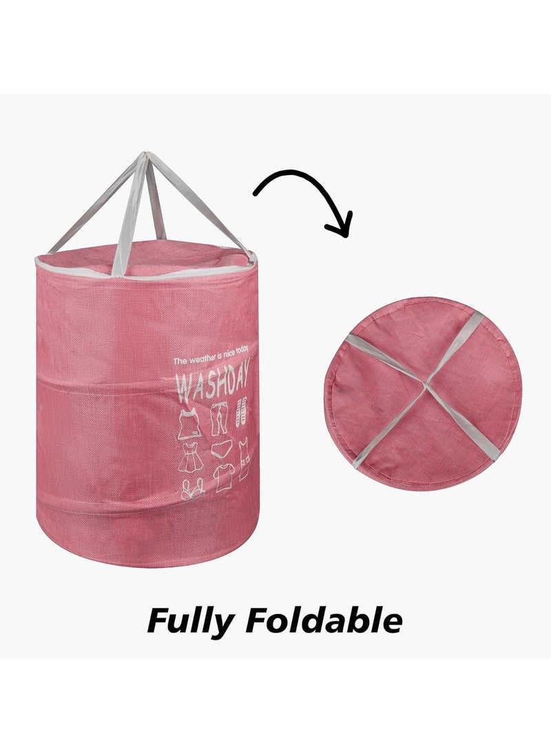 بلان A سلة غسيل قماشية دائرية بسعة 45 لتر، سلة تخزين مرنة وقابلة للطي ومقاومة للماء، ومزودة بغطاء بسحاب بلاستيكي مقاوم للصدأ، مثالية لتخزين الملابس والالعاب وتنظيم المساحة (وردى) - Image 4