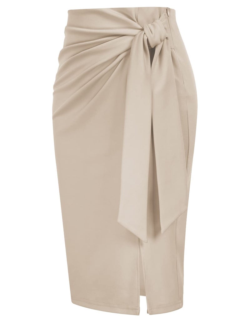 Kate Kasin Women's Business Skirt Bow Tie Knee Length Stretch Bodycon Pencil Skirts with Slit Apricot Small - Image 3