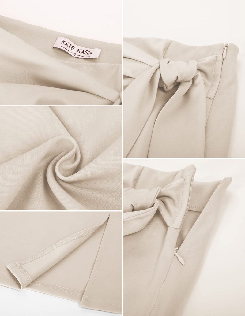 Kate Kasin Women's Business Skirt Bow Tie Knee Length Stretch Bodycon Pencil Skirts with Slit Apricot Small - Image 4