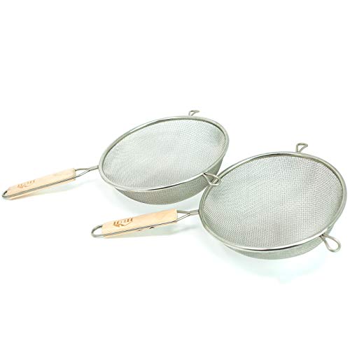 Huji Stainless Steel Fine 8" Double Mesh Food Strainer Colander Sieve Sifter with Wooden Handle for Kitchen Rice Pasta Noodles (2 Pack) - Image 1