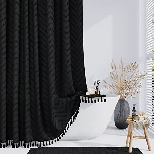 Dynamene Boho Farmhouse Shower Curtain, Black Fabric Tufted Chevron Striped Textured Tassel Shower Curtains for Bathroom, Water Repellent, Minimalist Ruffled Cloth Shower Curtain Set with Hook, 72x72 - Image 1