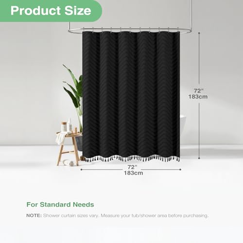 Dynamene Boho Farmhouse Shower Curtain, Black Fabric Tufted Chevron Striped Textured Tassel Shower Curtains for Bathroom, Water Repellent, Minimalist Ruffled Cloth Shower Curtain Set with Hook, 72x72 - Image 4
