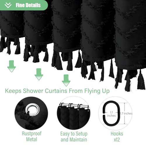Dynamene Boho Farmhouse Shower Curtain, Black Fabric Tufted Chevron Striped Textured Tassel Shower Curtains for Bathroom, Water Repellent, Minimalist Ruffled Cloth Shower Curtain Set with Hook, 72x72 - Image 5
