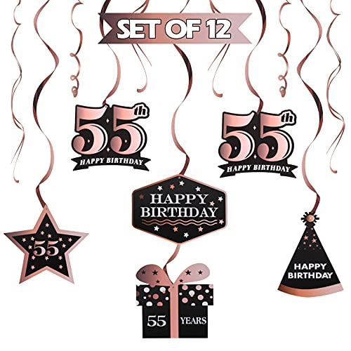 LINGTEER Happy 55th Birthday Decorations 12Pcs Birthday Black Rose Gold Swirls Streamer SetCheers to 55 Years Old Bday Party Decorations Gift Sign - Image 1