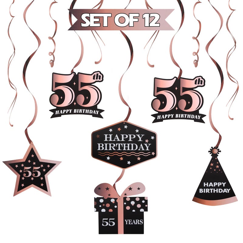 LINGTEER Happy 55th Birthday Decorations 12Pcs Birthday Black Rose Gold Swirls Streamer SetCheers to 55 Years Old Bday Party Decorations Gift Sign - Image 2