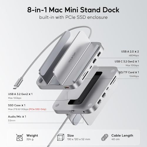 PULWTOP Mac mini Hub with M.2 PCIe NVMe SSD Enclosure, 8-in-1 Vertical Mac mini Dock Stand with USB A/C 3.2 10Gbps, 2 x USB A 2.0, SD/TF Slots, 3.5mm Audio/Mic Jack for 2018 Later Mac mini M2/M1 - Image 2