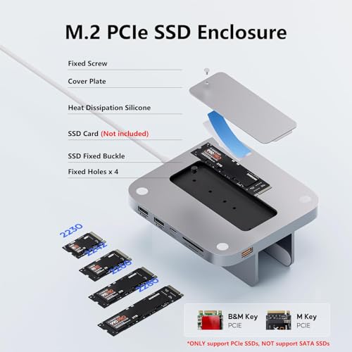PULWTOP Mac mini Hub with M.2 PCIe NVMe SSD Enclosure, 8-in-1 Vertical Mac mini Dock Stand with USB A/C 3.2 10Gbps, 2 x USB A 2.0, SD/TF Slots, 3.5mm Audio/Mic Jack for 2018 Later Mac mini M2/M1 - Image 3