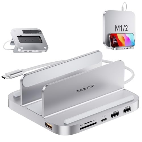 PULWTOP Mac mini Hub with M.2 PCIe NVMe SSD Enclosure, 8-in-1 Vertical Mac mini Dock Stand with USB A/C 3.2 10Gbps, 2 x USB A 2.0, SD/TF Slots, 3.5mm Audio/Mic Jack for 2018 Later Mac mini M2/M1 - Image 1