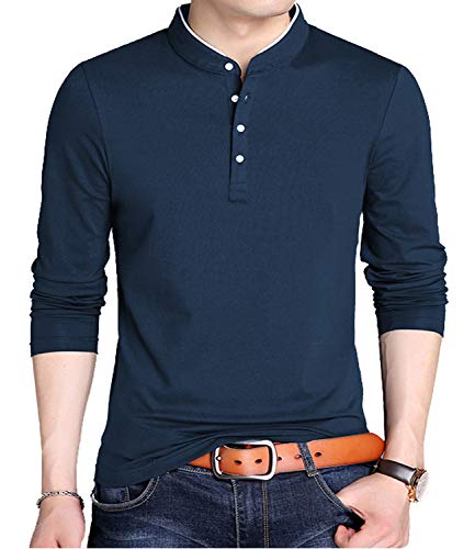 KUYIGO Men's Casual Slim Fit Shirts Long Sleeve Polo Mandarin Collared Lightweight T-Shirts Navy Large - Image 3