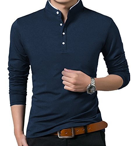 KUYIGO Men's Casual Slim Fit Shirts Long Sleeve Polo Mandarin Collared Lightweight T-Shirts Navy Large - Image 2