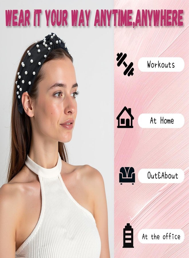 AWAYTR 4-Pack Headbands for Women Wide Elastic Top Knotted Pearl Hair Bands for Girls Hair Accessories (Black, One size) - Image 2