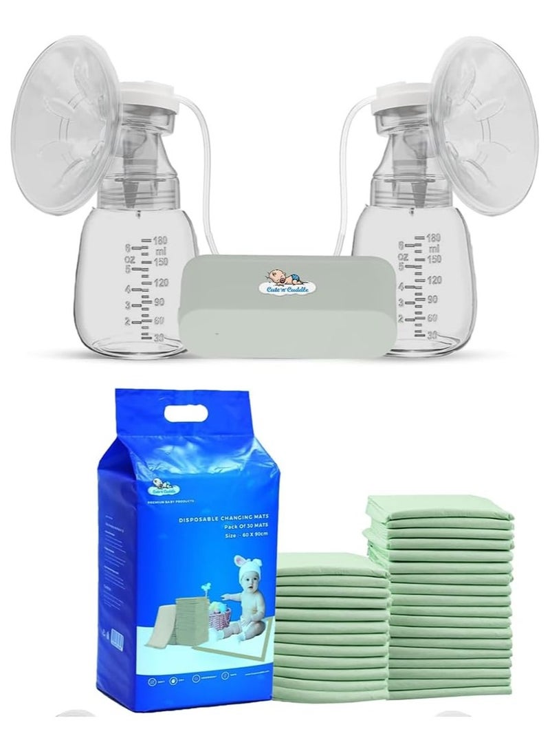 لطف وحضن شفاط حليب كهربائي – بدون استخدام اليدين، قابل للارتداء، لاسلكي وقابل لإعادة الشحن مع صندوق تخزين، بـ 9 مستويات و3 أوضاع | يتضمن حصائر تغيير حفاضات للأطفال من Cute 'n' Cuddle – عبوة 30 قطعة (60×90 سم، أخضر)، ناعمة ومقاومة للماء. - Image 1