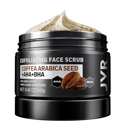 JVR Face Scrub for Men, Facial Scrub for Deep Exfoliating, Cleansing, Removing Blackheads, Ingrown Hairs, Pre-shave Soften, Organic Formulated with Coffee Extract, AHA and BHA Face Exfoliator (8.46 oz) - Image 1
