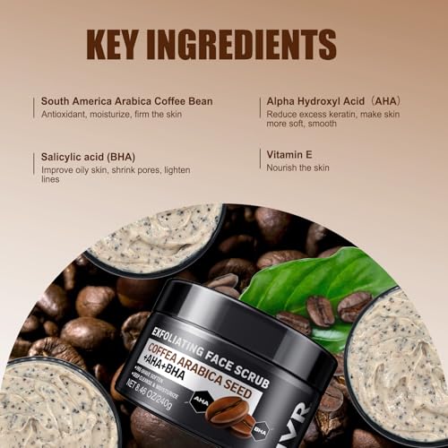 JVR Face Scrub for Men, Facial Scrub for Deep Exfoliating, Cleansing, Removing Blackheads, Ingrown Hairs, Pre-shave Soften, Organic Formulated with Coffee Extract, AHA and BHA Face Exfoliator (8.46 oz) - Image 3