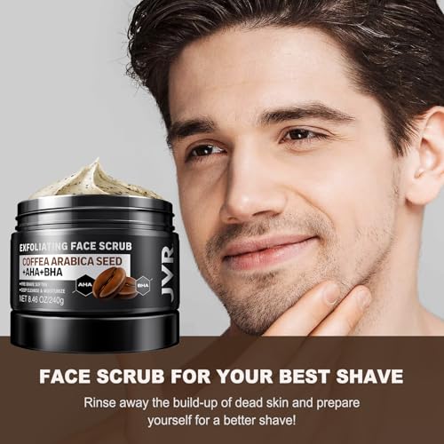 JVR Face Scrub for Men, Facial Scrub for Deep Exfoliating, Cleansing, Removing Blackheads, Ingrown Hairs, Pre-shave Soften, Organic Formulated with Coffee Extract, AHA and BHA Face Exfoliator (8.46 oz) - Image 2