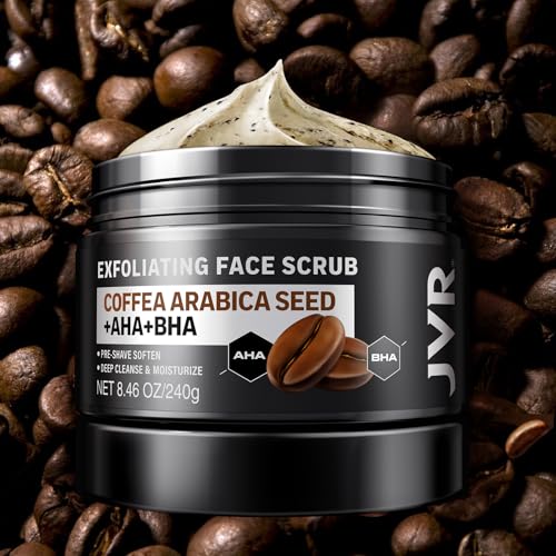 JVR Face Scrub for Men, Facial Scrub for Deep Exfoliating, Cleansing, Removing Blackheads, Ingrown Hairs, Pre-shave Soften, Organic Formulated with Coffee Extract, AHA and BHA Face Exfoliator (8.46 oz) - Image 5