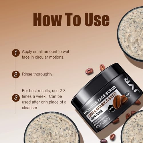 JVR Face Scrub for Men, Facial Scrub for Deep Exfoliating, Cleansing, Removing Blackheads, Ingrown Hairs, Pre-shave Soften, Organic Formulated with Coffee Extract, AHA and BHA Face Exfoliator (8.46 oz) - Image 4