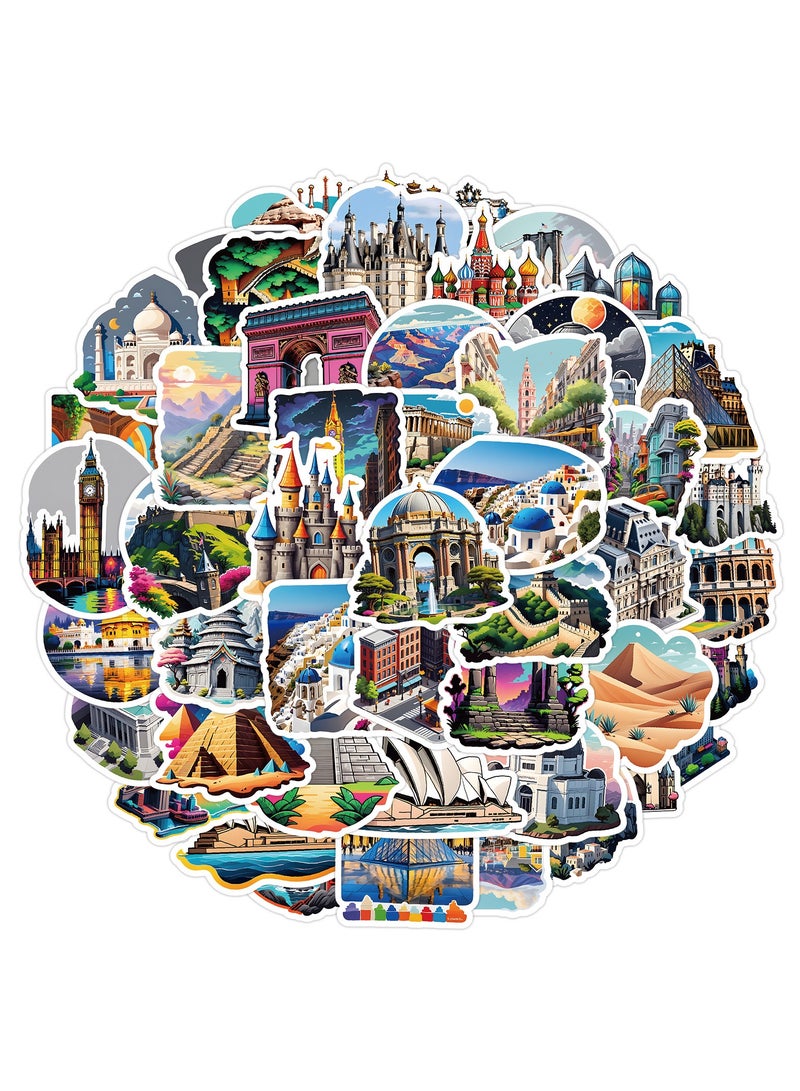 50 Packs World Travel Landmark Water Stickers Bottles Laptop Phone Computer Guitar Skateboard Vinyl Sticker Waterproof Aesthetic Trendy Decals for Kids Teens Girls Adults - Image 1