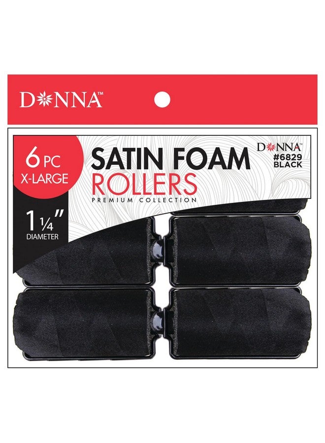 DONNA Silky Satin Foam Rollers 1.25"(D) 6PCS XL Hair Styling Heatless Curlers and Clips for Hairdressing BLACK - Image 1