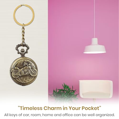 FowWelt Vintage Pocket Watch Metal Keychain Retro Clock For Gifting With Key Ring Anti-Rust - Bike Earth,Multicolor - Image 2