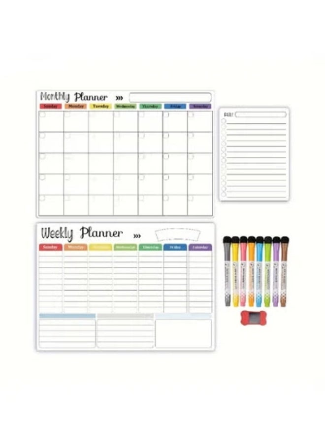 3PCS Magnetic Dry Erase Calendar Set - Monthly/Weekly/Daily Notepads with 8 Markers & 1 Eraser for Refrigerator, Wall & Fridge Organization - Image 1