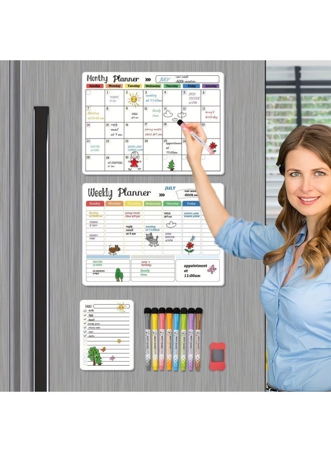 3PCS Magnetic Dry Erase Calendar Set - Monthly/Weekly/Daily Notepads with 8 Markers & 1 Eraser for Refrigerator, Wall & Fridge Organization - Image 3
