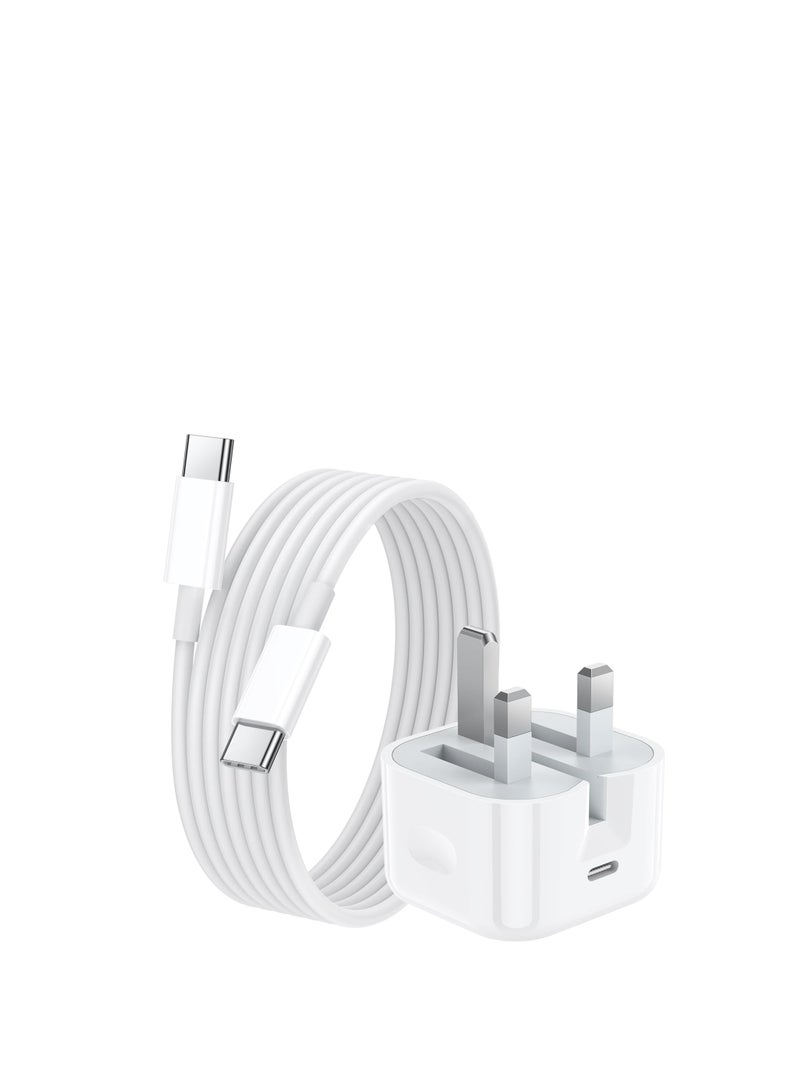 20W Fast Charger Cable and Plug Charge Compatible with iPhone 16/16 Pro/16 Pro Max/16 Plus/15, New iPhone Charging USB Type C PD Plug UK with USB C to C Lead - Image 1