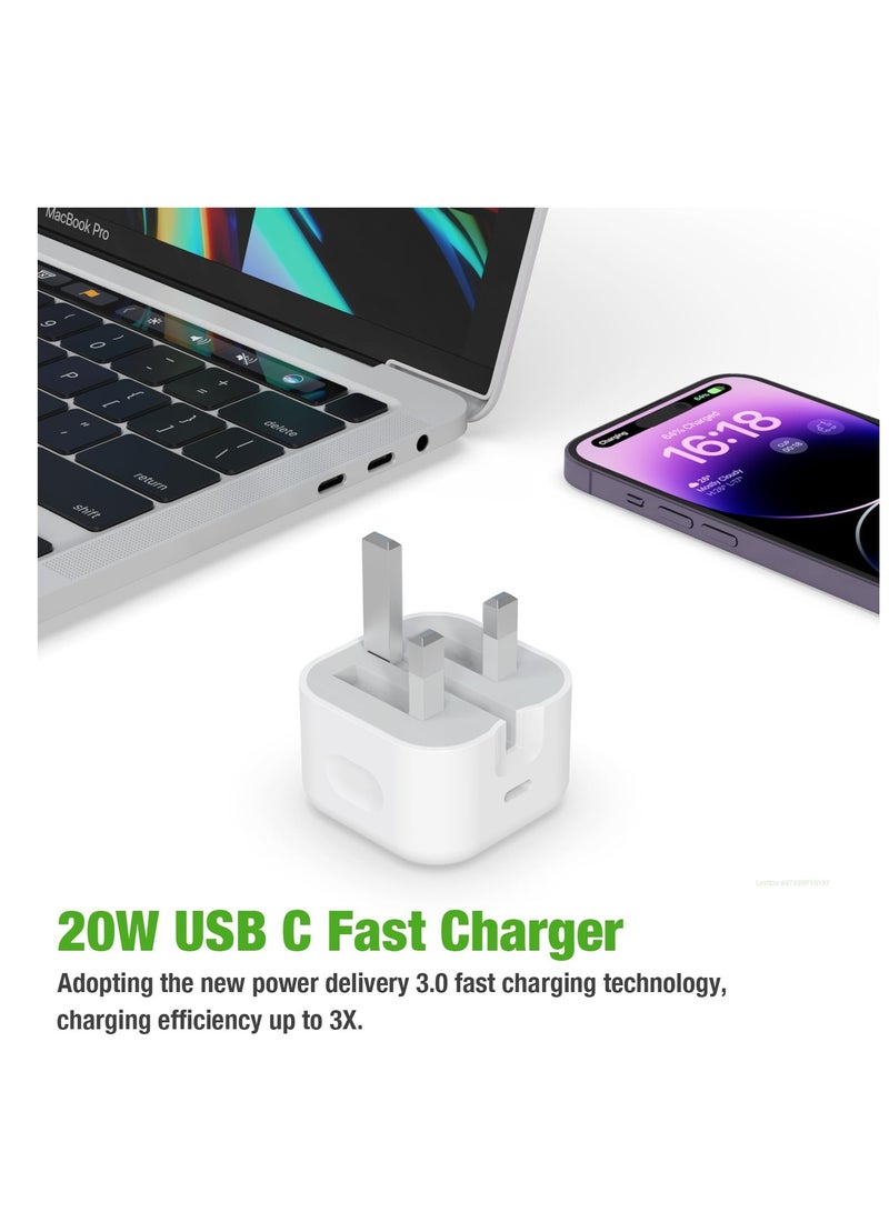20W Fast Charger Cable and Plug Charge Compatible with iPhone 16/16 Pro/16 Pro Max/16 Plus/15, New iPhone Charging USB Type C PD Plug UK with USB C to C Lead - Image 2