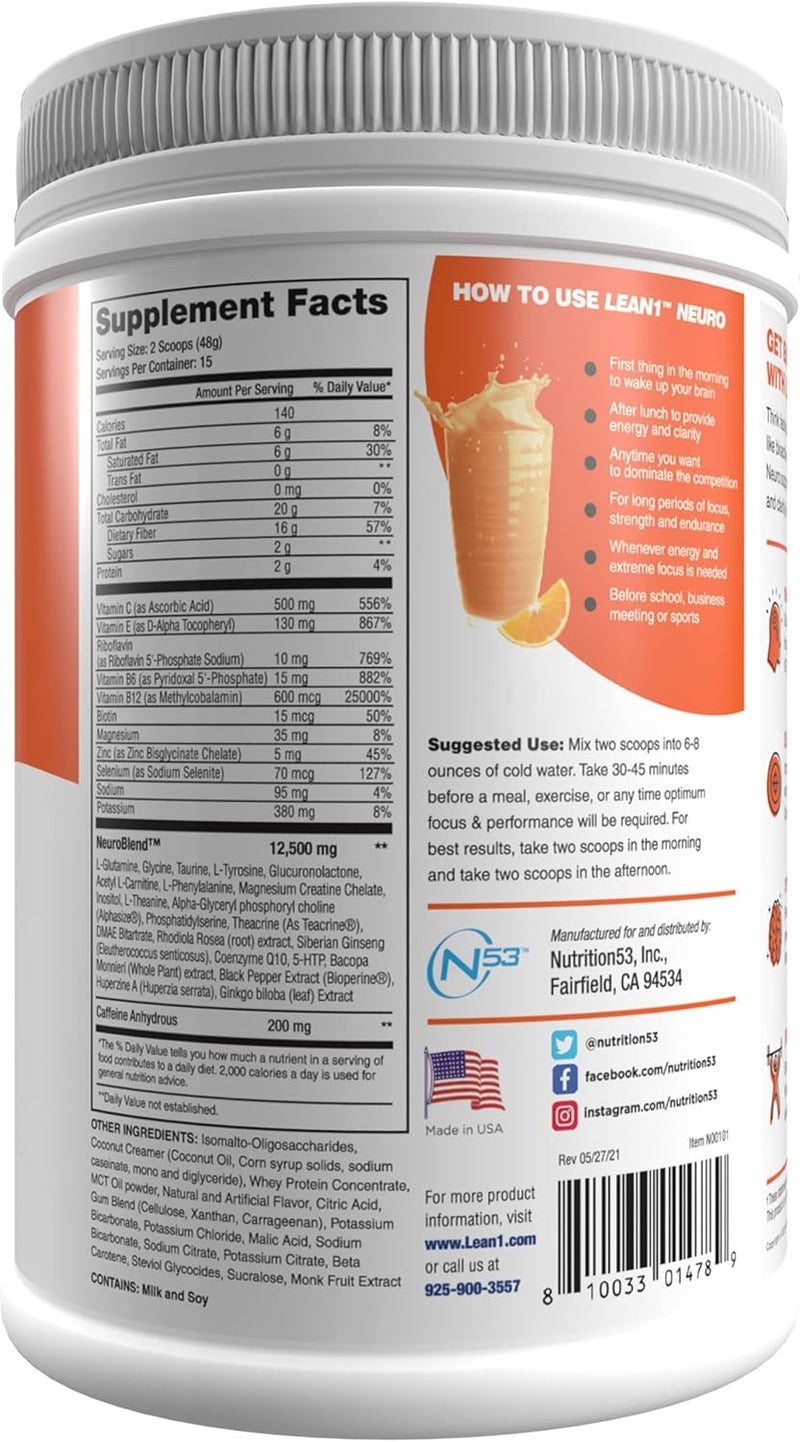 Lean1 مشروب مسحوق الطاقة العقلية Lean1 Neuro بنكهة البرتقال 15 حصة من Nutrition53 - Image 2