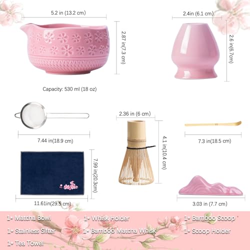 Buucup Matcha Whisk Set, Ceramic Matcha Kit Set Includes Matcha Bowl, Matcha Whisk and Holder, Bamboo Scoop, Scoop Rest, Sifter and Tea Towel - 7 Pcs Matcha Kit for Matcha Lovers (Pink) - Image 5