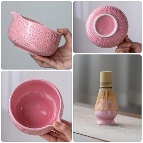 Buucup Matcha Whisk Set, Ceramic Matcha Kit Set Includes Matcha Bowl, Matcha Whisk and Holder, Bamboo Scoop, Scoop Rest, Sifter and Tea Towel - 7 Pcs Matcha Kit for Matcha Lovers (Pink) - Image 3