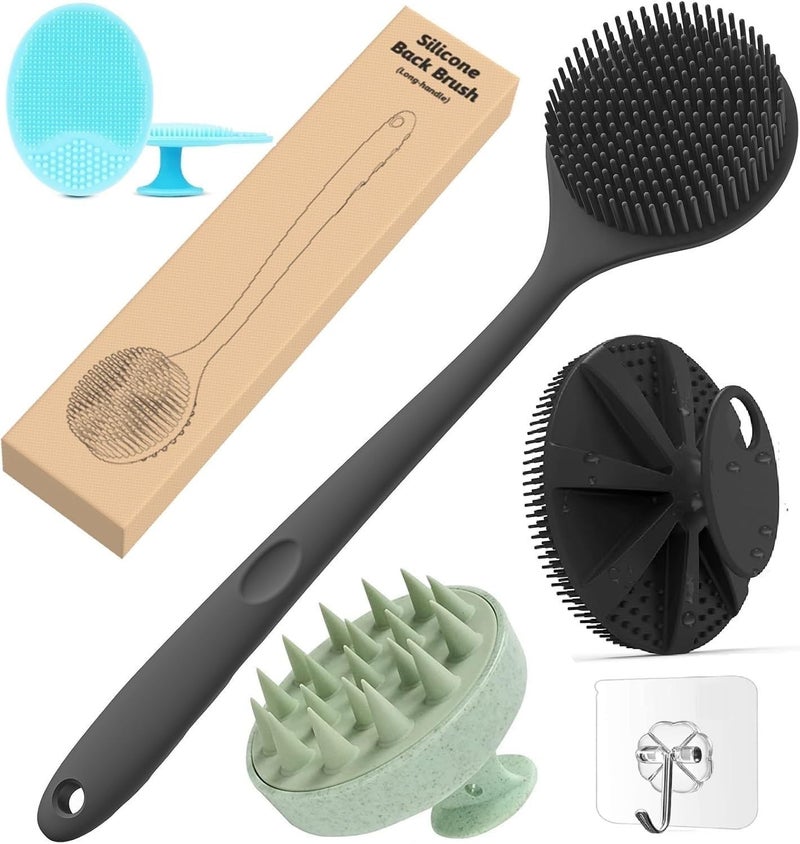 ANTIL'S 4-in-1 Soft Silicone Bath Brush Set | Long Handle Back Scrubber + Body Scrubber + Scalp Massager + Face Massager | Super Exfoliating & Lathering Shower Brush | BPA-Free | For Men & Women | With Free 3 Hook - Image 1