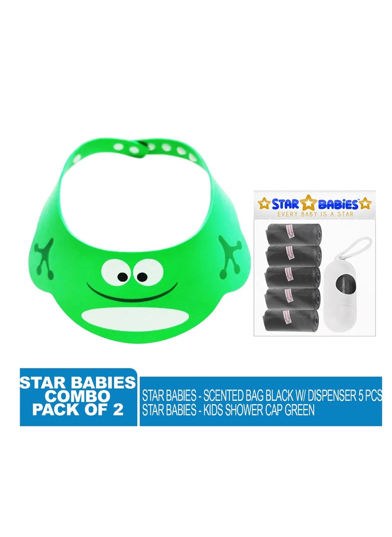 STAR BABiES Star Babies - Combo Pack of 2- Kids Shower Cap with Scented Bag (5 Pcs w/Dispenser) - Green/Black  - Image 2
